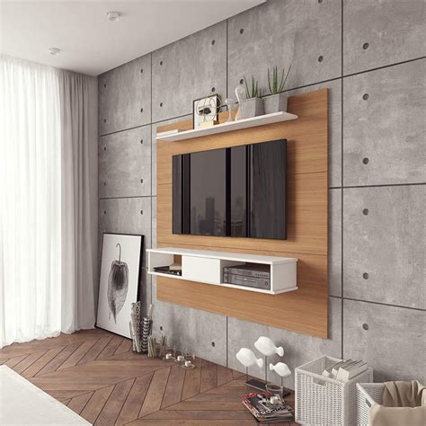 modern floating TV shelf with wall board and multiple shelves white details against light ...