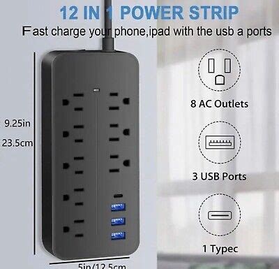 Power strip wall mountable 8 outlet 3 usb 1 type c cable lengths 2ft ...