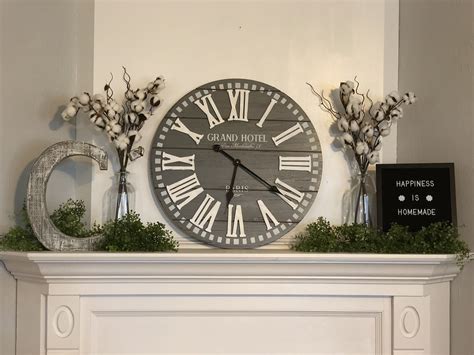 Hobby Lobby grey clock cotton vase mantle letterboard greenery farmhouse rustic | Fireplace ...