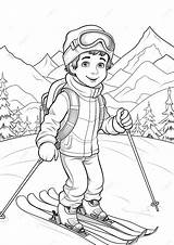 Cartoon Man Character Skiing On Winter Time Coloring Book Page  sketch template