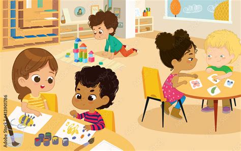 Preschool Class. Vector illustrations of kindergarten children in the ...