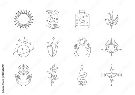 Boho mystic line icons. Simple tattoos, hand drawn astrology logos ...