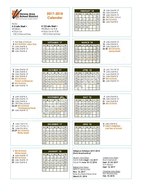 VASD 2017 - 2018 Calendar | Verona Area School District – Verona, WI