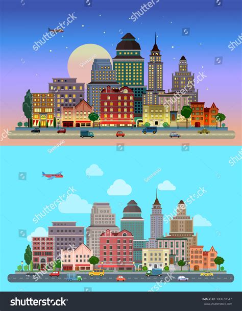 Flat Cartoon City Set Day Sunset Stock Vector (Royalty Free) 300070547 | Shutterstock