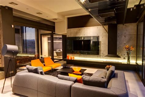 Exposed Concrete Wall, Living Room, Sofa, Lighting, Luxurious Modern Residence in Pretoria ...