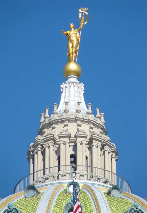 Pennsylvania State Capitol Building, Harrisburg. The 14-ft gilded statue is titled "Commonwealth ...