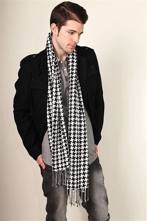 Men's Black White Houndstooth Pattern Fashion Scarf, Lightweight & Silky Soft, Tassels, Dressy ...