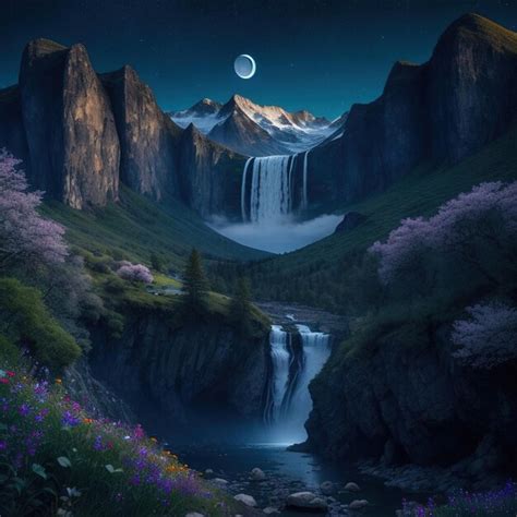 Premium AI Image | Mountain valley with waterfall