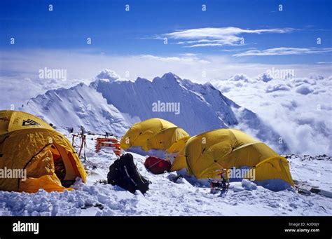 Camp IV, 4 (7950m), South Col, Mount Everest, with view on Nuptse Stock ...