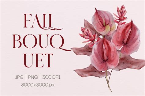 Fall Floral Watercolor Bouquet PNG JPG. Autumnal Flowers