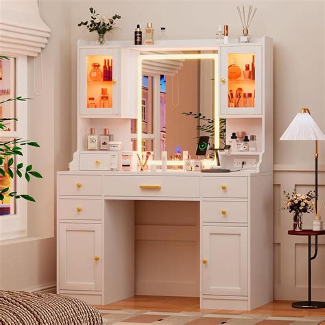 White Makeup Vanity Desk with Mirror and Lights, Large Vanity Table Set with Charging Station ...