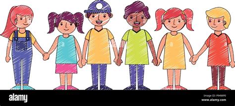 group little childrens holding hands vector illustration drawing Stock ...