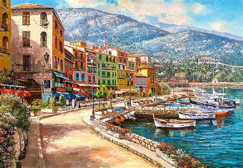 The French Riviera, pier, houses, mediterranean, hills, boats, painting ...