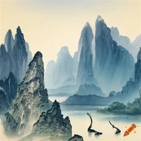 Chinese landscape painting with water, cranes, and mountains on Craiyon