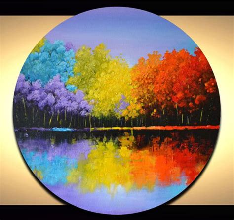 Colorful abstract landscape painting, bright trees artwork, unique 20" round circle canvas art ...