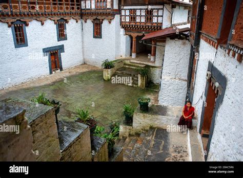 Inside Trongsa Dzong Bhutan. Trongsa Monastery Fortress in a rainy day ...