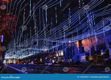 Blue Christmas Lights Over Streets of Madrid, Spain Stock Image - Image ...