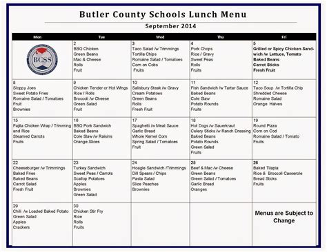 Welcome to W. O. Parmer Elementary School: September 2014 Lunch Menu