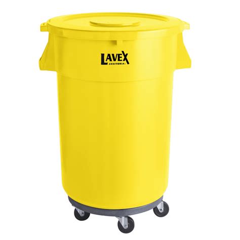 Lavex Janitorial 44 Gallon Yellow Round Commercial Trash Can with Lid and Dolly