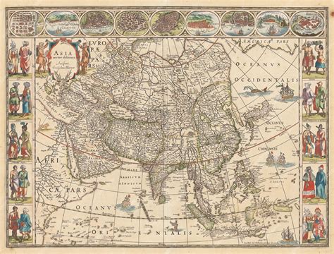 Premium Photo | An ancient medieval map of Asia by Willem Blaeu 1635 Sepia illustrations