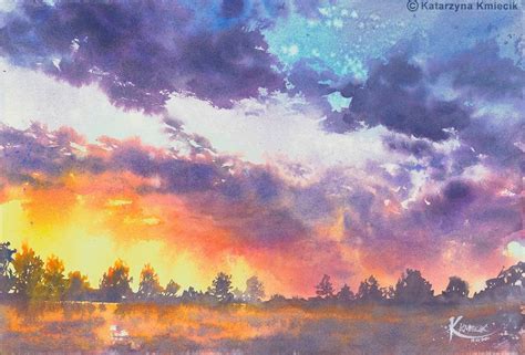 Atmospheric Sunset Watercolor Painting, Colorful Sky Watercolor ...