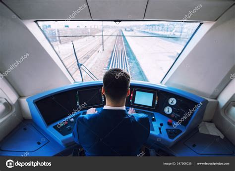 Shot Train Cockpit Interior Driver Sitting Driving Train — Stock Photo © alex.wolf #347506038