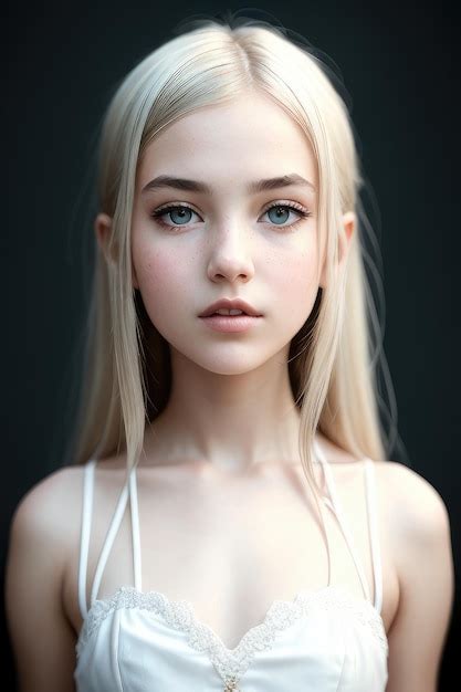 A girl with blonde hair and blue eyes looks at the camera. | Premium AI-generated image