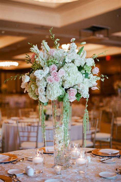 Ivory, Green and Blush Tall Wedding Reception Centerpieces