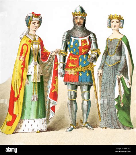 The figures represent an English lady of rank (1300s), Edward the Black Prince, and Queen ...