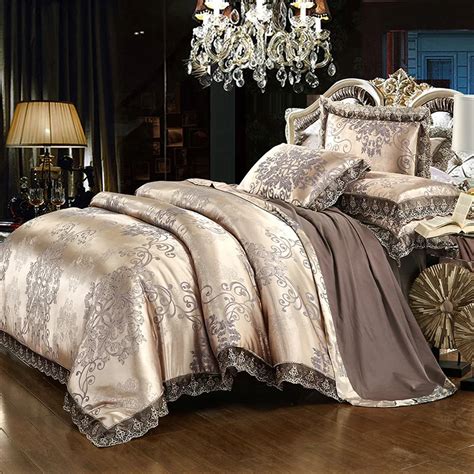 Luxury lace jacquard bedding blue beige silver gold color satin bedding ...