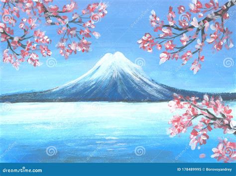 Mount Fuji and Cherry Blossoms. Hand Drawn Watercolor Painting Stock ...