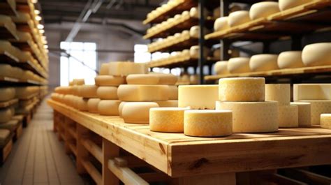 Premium AI Image | Various types of cheese on wooden shelves in a ...