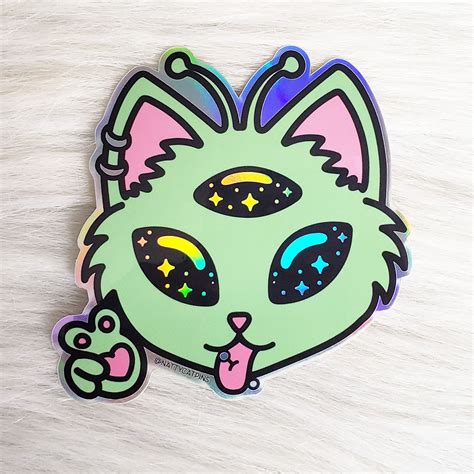 HOLOGRAPHIC Alien Kitty Sticker | Cat stickers, Cute drawings, Stickers