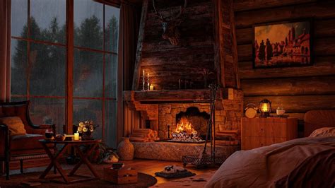 Cozy Cabin at Night with Rain Sounds and Crackling Fireplace for Sleep, Relax | Rainy Fall ...