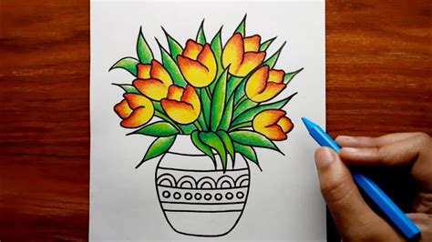 Flower Pot Drawing || Fuldani Drawing || How to Draw Flower Vase Step ...