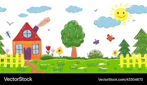 Kids drawing garden child crayon pastel picture Vector Image