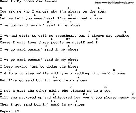 Country Music:Sand In My Shoes-Jim Reeves Lyrics and Chords