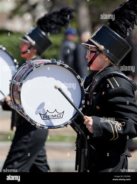 Bass drum player in high school marching band - USA Stock Photo - Alamy