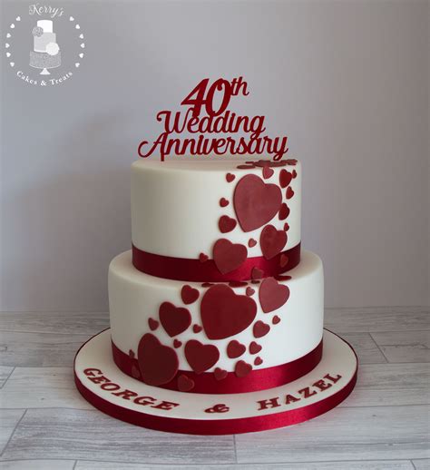 40th (Ruby) Wedding Anniversary cake. White with ruby red cascading ...