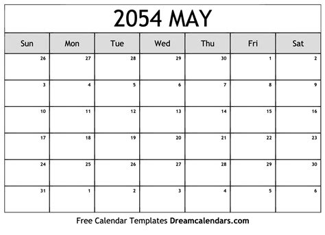 May 2054 Calendar - Free Printable with Holidays and Observances