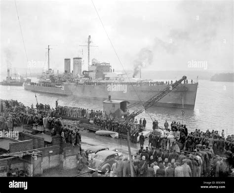 HMS Exeter, Type 42, coming into Plymouth after the battle of The River Plate, December 1939 ...