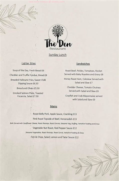 Menu at The Den Restaurant, Hereford, 16 Bridge St