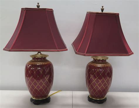Qty 2 Burgundy Table Lamps w/ Gilt Accents & Matching Lamp Shades ...