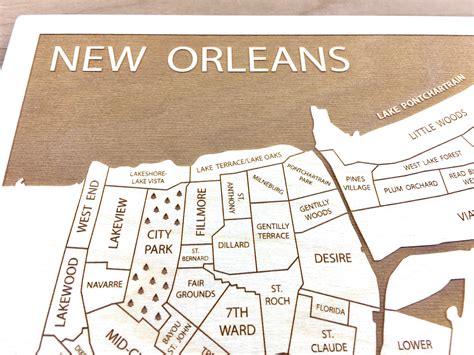 New Orleans Map Louisiana NOLA Neighborhood Map Framed Wood