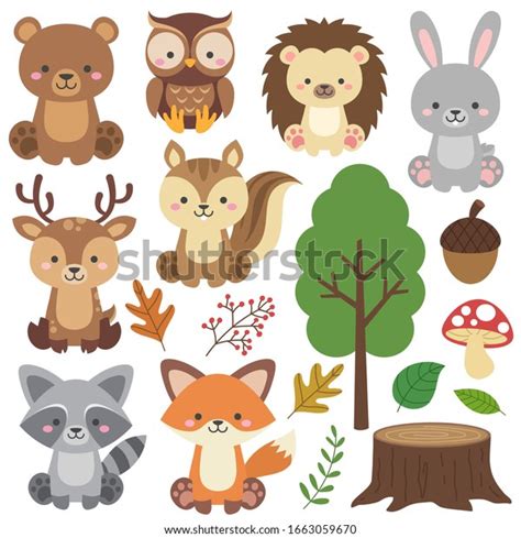 Cute Woodland Animals Set Forest Elements Stock Vector (Royalty Free ...