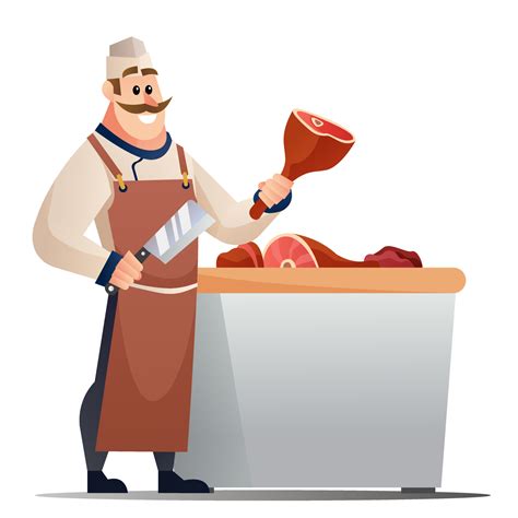 Butcher with knife and meat cartoon illustration. Professional butcher ...