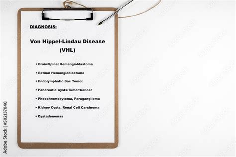 Von Hippel-Lindau Diagnosis symptoms list on clipboard Stock Photo ...