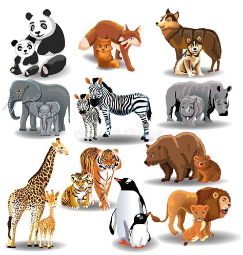 Wild animals and their babies. Vector illustration of wild animals and ...