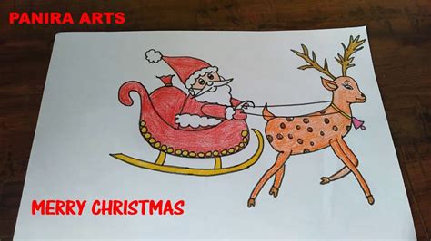 Santa Claus on sledge with reindeer drawing||Santa Claus riding sledge||... | Reindeer drawing ...