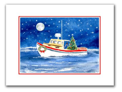 Items similar to Lobster boat Christmas cards. set of 10.holiday card set. nautical Christmas ...